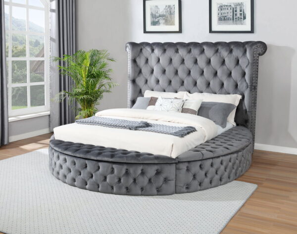 Generation Serene-Nest “Gray Queen” Round multi storage platform bed upholstered.